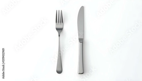 Fototapeta A high-angle, studio shot of a fork and knife set against a plain white background