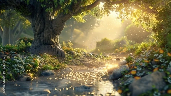 Fototapeta Tranquil Forest Stream at Sunrise