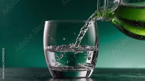 Obraz Glass of Water, Clear glass of water with fresh water being poured into it, Close-up picture of picture of glass of water pouring water into glass on blurred background