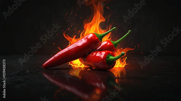 Obraz Logo 3 chilies with black and realistic fire background