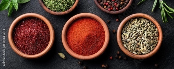 Fototapeta A collection of colorful spices in clay bowls on a dark background, showcasing vibrant hues and textures, perfect for culinary inspiration.