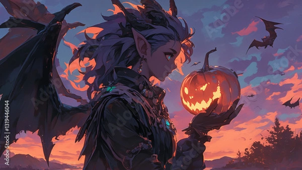 Fototapeta A little vampire and a pumpkin.