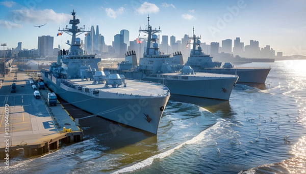 Fototapeta military ships dock along the scenic San Diego coastline, with their towering structures and flag waving in the breeze, embodying strength and security while offering stunning ocean views.

