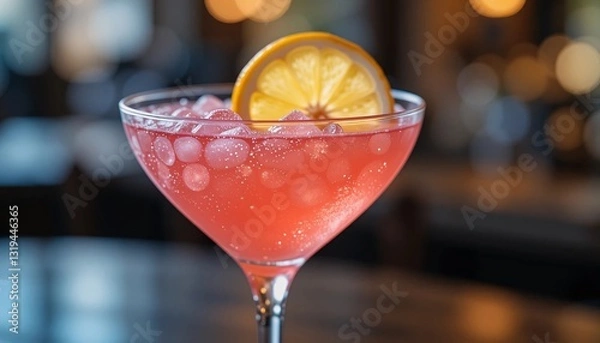 Obraz Cocktail, Refreshing cosmopolitan cocktail with ice and citrus garnish, Close-up picture of red cocktail with lemon on bar background