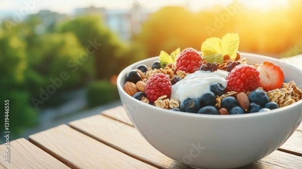 Fototapeta Nutrient-dense granola bowl with nuts and fruits rustic table setting golden hour light side view food photography for healthy eating
