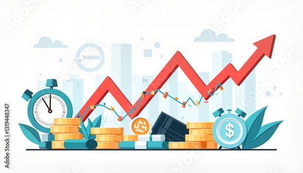 Fototapeta Stock market crash illustration with falling graphs and financial symbols, economic downturn