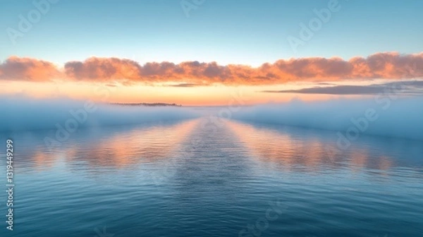 Fototapeta Calm water reflecting sunrise, with fog.
