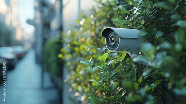Fototapeta Security camera overlooking lush green foliage, urban surveillance, discreet monitoring, modern security
