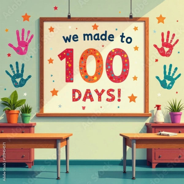 Fototapeta Colorful classroom wall with “100 Days” celebration sign and handprints—perfect for school milestones, educational posters, and kids' achievement graphics.