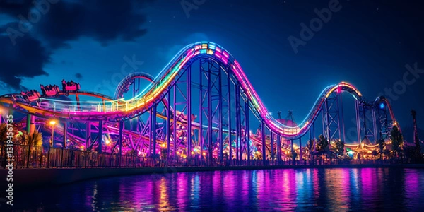 Fototapeta Vibrant Roller Coaster Theme Park Night with Colorful Lights for Amusement Attractions, Entertainment, or Adrenaline Adventures