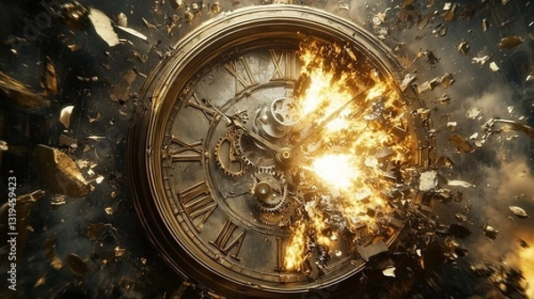 Obraz An elegant depiction of a vintage clock bursting apart, its face cracked as gears, screws, and metallic fragments spiral outward in dynamic arcs.
