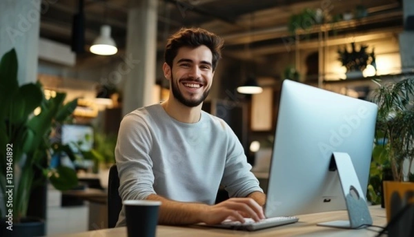 Fototapeta Happy Young Man At Modern Workplace, Working On Desktop Computer. Entrepreneur At Startup Office, Focused On Work. Energetic Workspace.