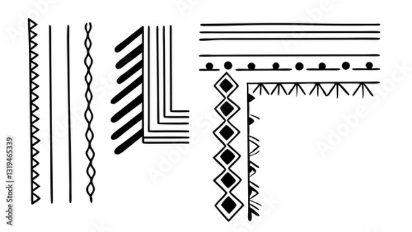 Fototapeta Geometric Line Art: An array of minimalist black and white line art elements in a clean, modern aesthetic, perfect for design and creative projects.