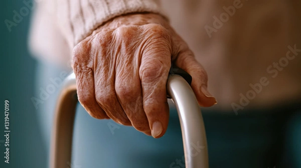 Fototapeta Elderly hand gripping walker, symbolizing care and support