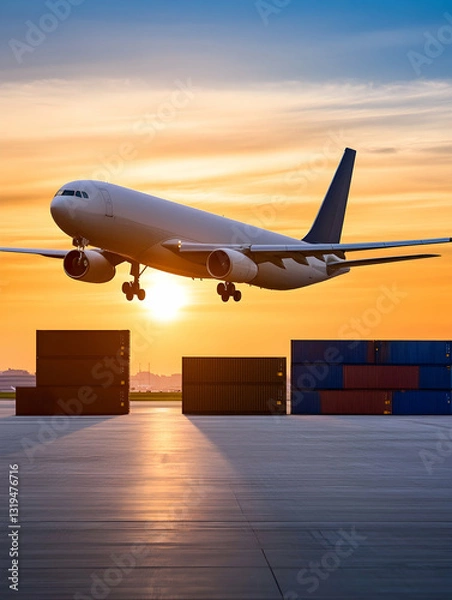 Fototapeta Cargo plane taking off from airport with shipping containers