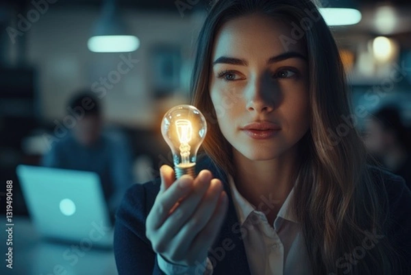 Fototapeta A young businesswoman holds a glowing lightbulb, symbolizing a bright idea or innovative solution in a late-night office setting.