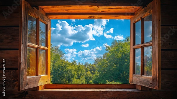 Fototapeta Sunlight pours through an open wooden window, framing a vibrant sky filled with fluffy clouds. Lush greenery outside creates a peaceful atmosphere, perfect for daydreaming