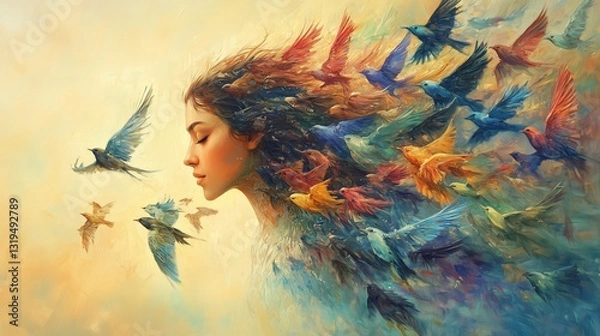 Obraz A surreal dreamlike oil painting of a mystical woman merging seamlessly with vibrant birds, her form blending into a cascade of colorful feathers, as if she is part of the flock.