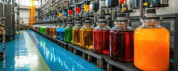Obraz Colorful chemical processing lab with various liquids in containers