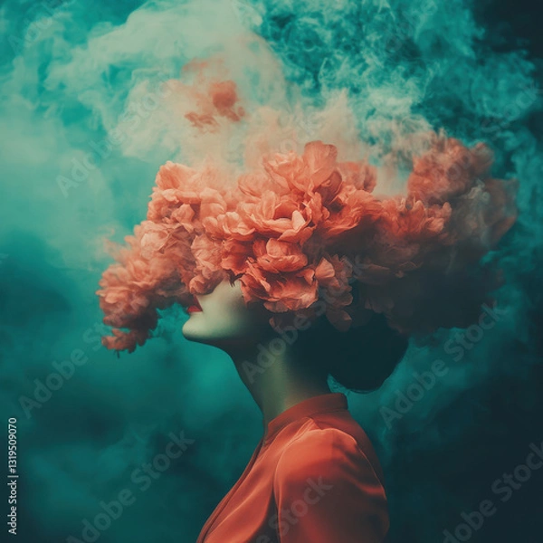 Obraz woman with floral headpiece surrounded by colorful smoke, creating surreal and artistic atmosphere. vibrant colors evoke sense of mystery and beauty
