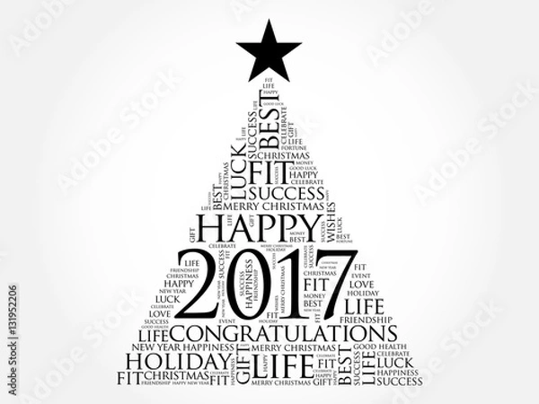 Fototapeta 2017 year greeting word cloud collage, Happy New Year celebration word cloud card in the shape of a christmas tree