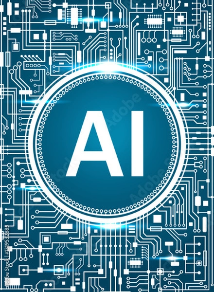 Fototapeta Artificial intelligence technology background in line style. Machine learning design. AI smart network digital technology. Blue futuristic concept vertical banner. Vector hi-tech illustration with