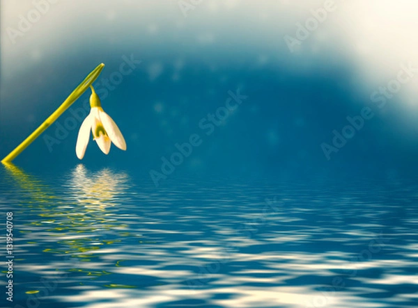 Fototapeta reflection in water of the first spring snowdrop flower.