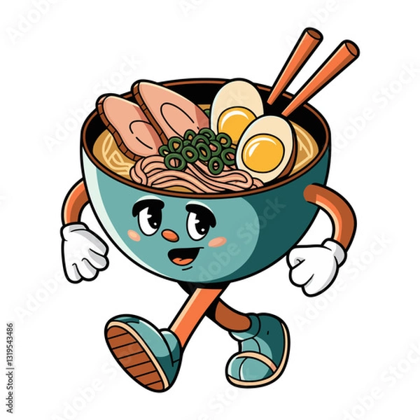 Fototapeta Retro cartoon character of a cheerful bowl of ramen with arms and legs