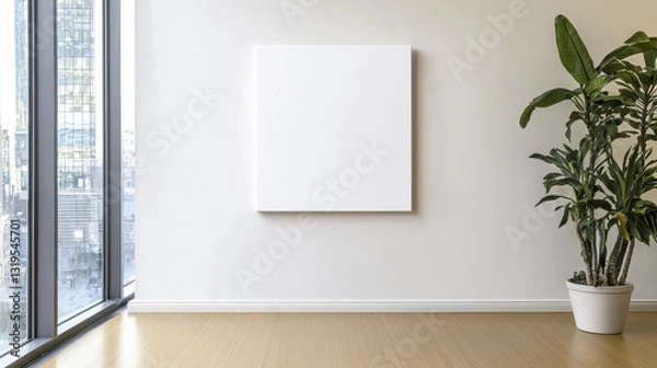 Fototapeta minimalist interior featuring blank canvas on wall, complemented by potted plant. serene atmosphere invites creativity and calm
