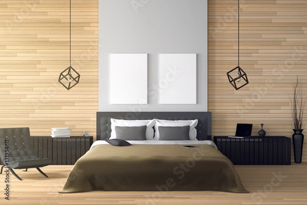 Obraz 3D rendering : illustration of modern wooden house interior.bed room part of house.Spacious bedroom in wood style.black and white furniture,big bed and decorative.mock up white frame.tablet and laptop