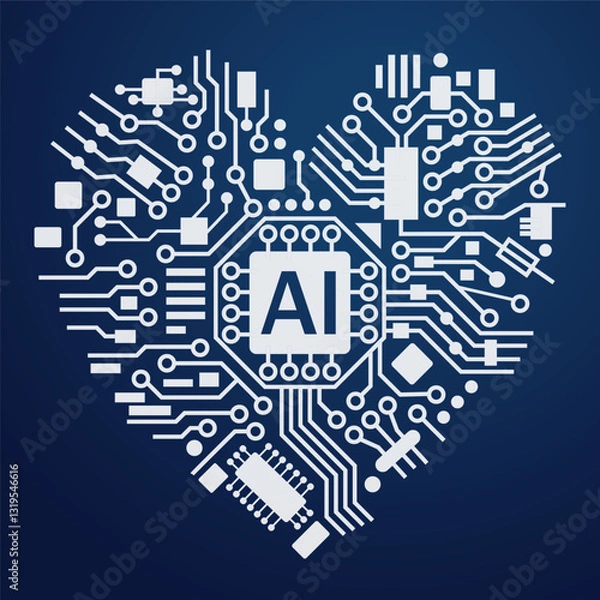 Fototapeta Artificial intelligence heart line style. Machine learning design. AI Smart network digital technology blue background. Vector illustration