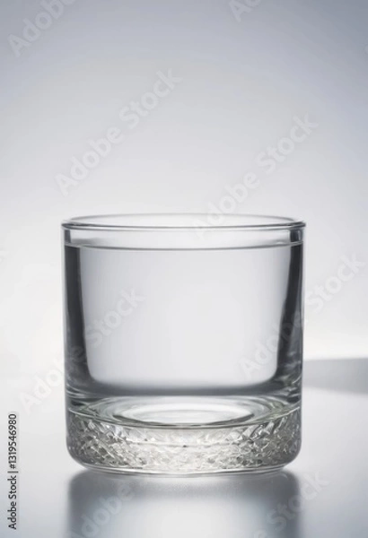 Fototapeta Minimal glass tumbler mockup with blank label, placed on a wooden countertop with natural lighting