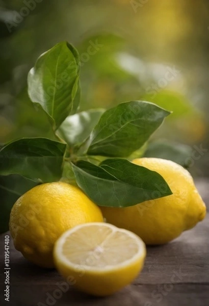 Fototapeta Extreme close-up of ripe lemons and lemon tree leaves on wooden plank table in bright light