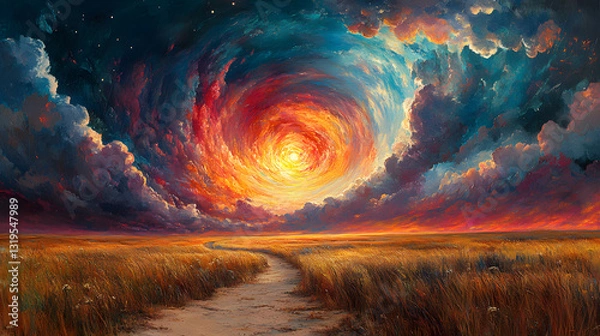 Obraz Vibrant sunset over a winding path through golden fields with dramatic swirling clouds