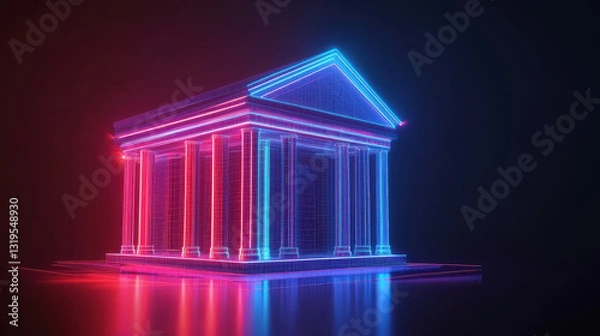 Fototapeta vibrant 3D render of bank building illuminated with glowing neon lights, showcasing modern architectural design. structure features classic columns and striking outline