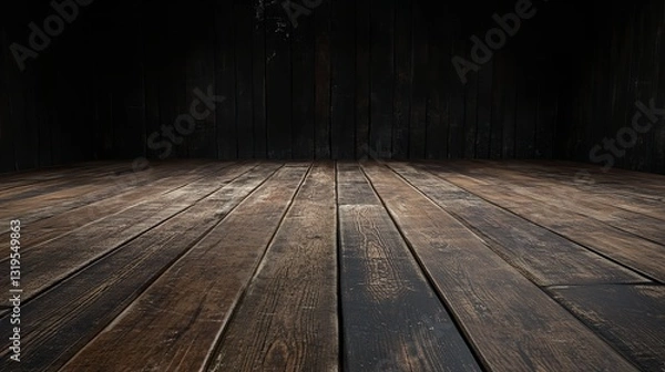 Fototapeta A Dark, Aged Wooden Floor, A Rustic Expanse Of Time-worn Planks Bathed In Subtle Light, Hinting At Untold Stories Within Its Grain