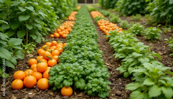 Fototapeta The vibrant, crisp vegetables grown in the lush, chemical free garden are a testament to the care and dedication put into cultivating them.