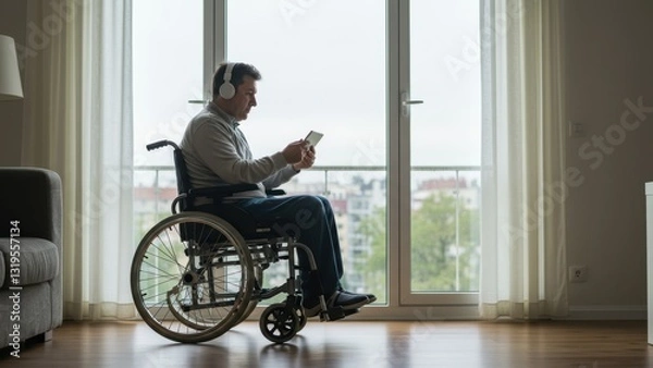 Fototapeta Middle aged Caucasian man in wheelchair uses smartphone while listening to music in modern living room Focus on disability and technology
