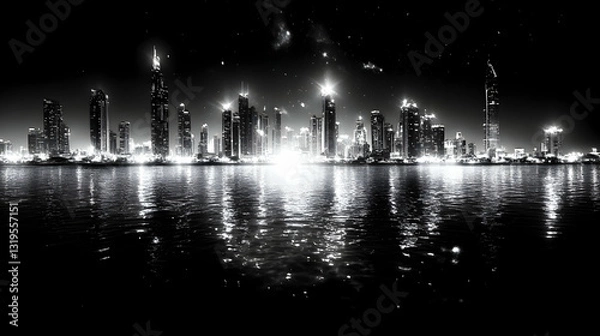 Fototapeta Night cityscape reflected in calm waters illuminated skyscrapers against a dark sky