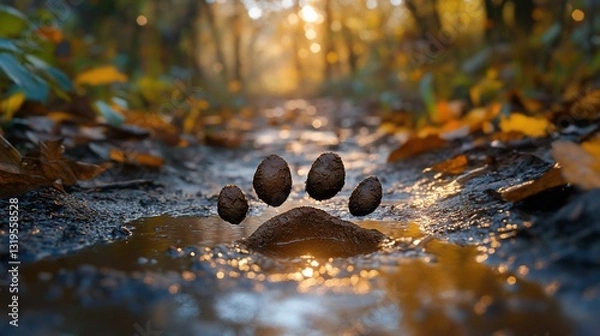 Fototapeta Mud puddle with a paw print in an autumn forest