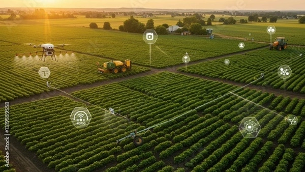 Fototapeta Drone and tractor working in green agricultural fields at sunset, showcasing technological advancements in modern farming and sustainability