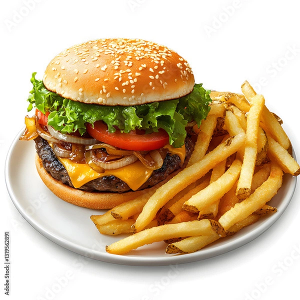 Fototapeta Delicious hamburger with French fries and fresh toppings