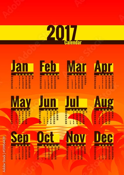 Fototapeta Calendar vector template for 2017 year. Week starts on Monday. Calender with week numbers. Year on one page, suitable for poster or pocket calendar. Palm trees and tropical sunset