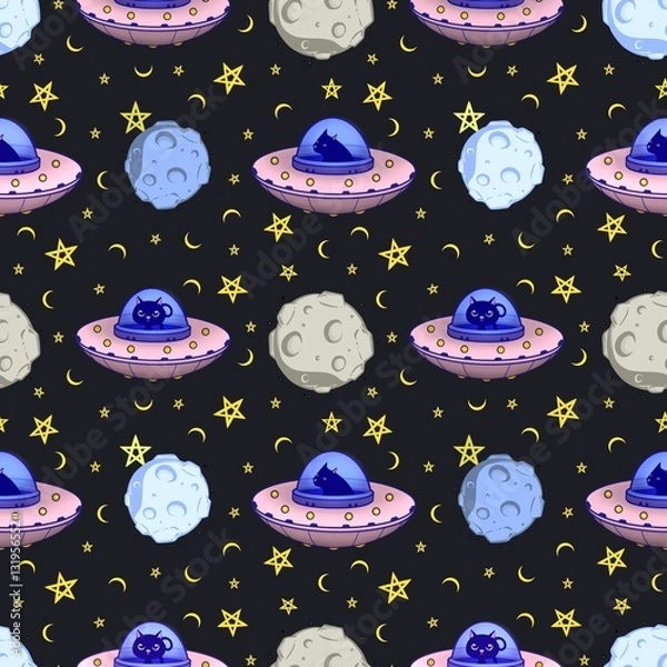 Fototapeta Black kitten travels through space in spaceship on dark background. Wallpaper. Black cat seamless repeating pattern. 