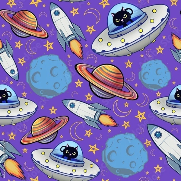 Fototapeta Childish seamless repeating pattern black cat astronaut in spaceship, planet, Saturn, orbits, rocket, stars and moon on purple background.