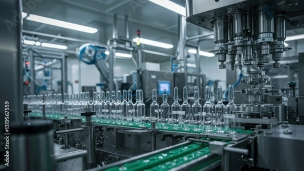 Fototapeta Industrial facility featuring automated assembly line for glass bottles in Europe Focus on technology and manufacturing processes