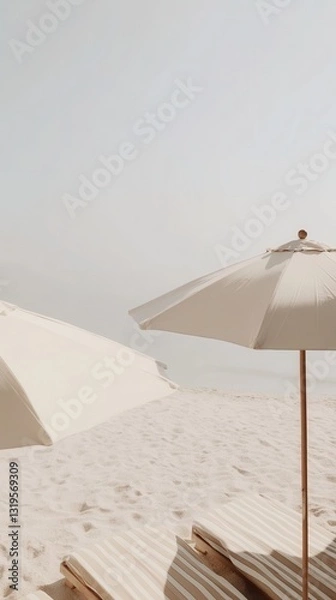 Obraz Tranquil beach with white sand and umbrellas on a clear day