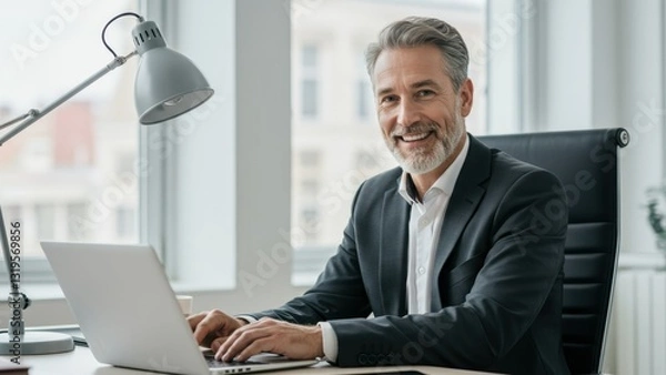 Obraz Caucasian businessman working on laptop in modern office space, smiling confidently, representing productivity and motivation