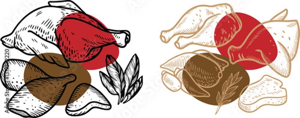 Fototapeta set of Fresh raw chicken poultry meat parts breast vector, engraving sketch ink poster black illustration etching style tattoo, color blobs logo Fowl, Grill, Hen, Organic, Recipe, Slice, Steak