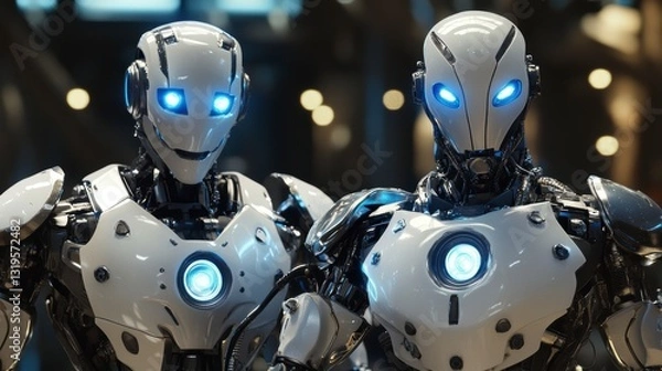 Fototapeta Futuristic robots, facing forward, in a technology background, for a stock photo